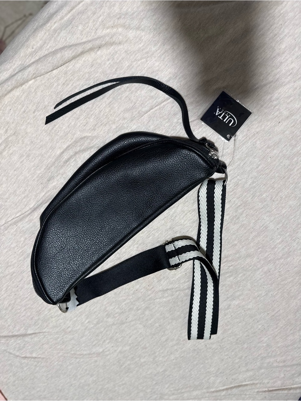 Ulta beauty Black Leather Crossbody Belt Bag with Striped Strap